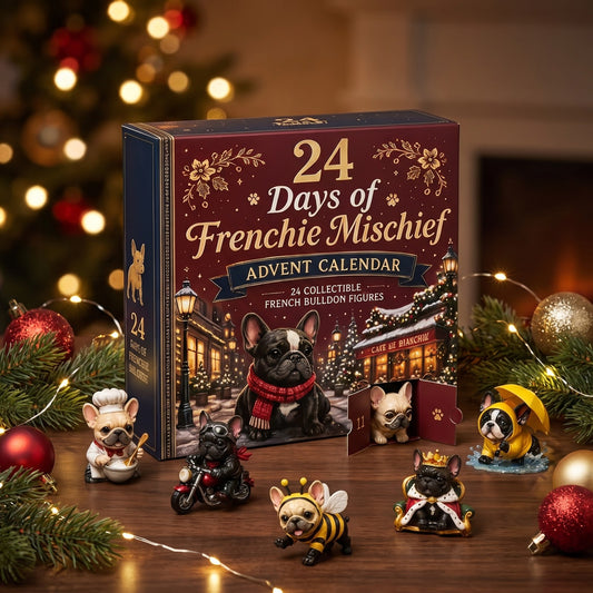 Merry Frenchie advent calendar with figurines by the tree