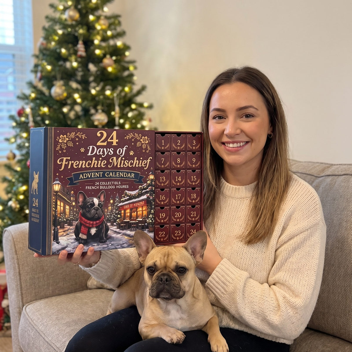 Customer with her frenchie and the calendar
