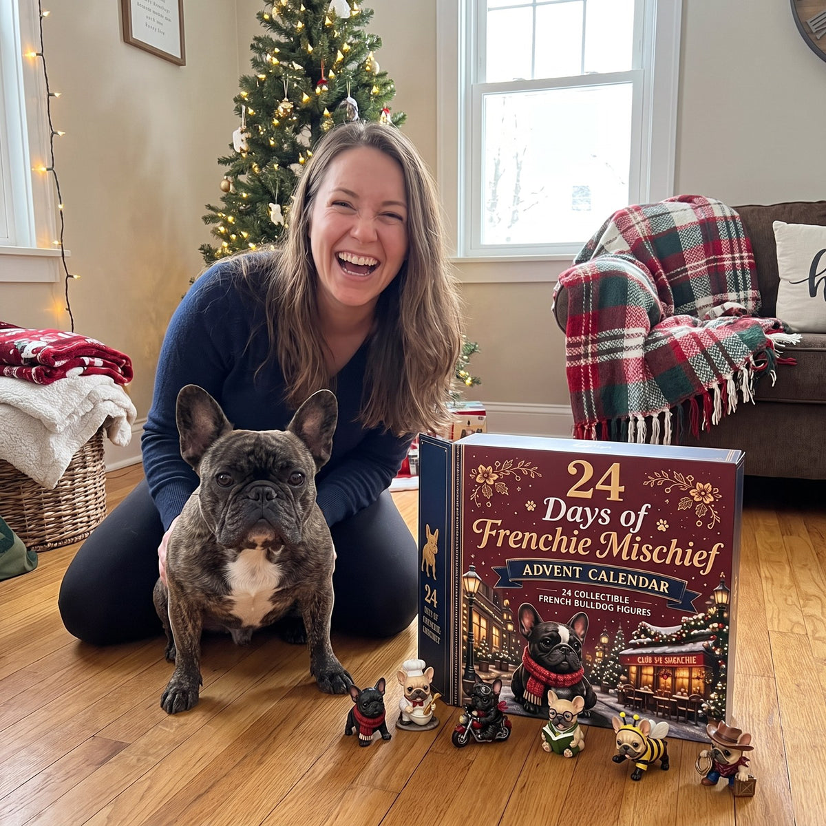 Customer laughing with her frenchie and the figurines