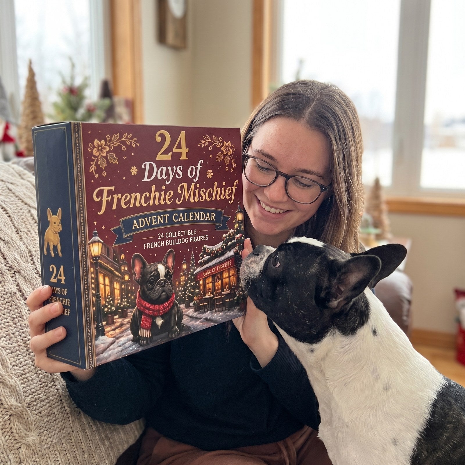 Frenchie sniffing the advent calendar box