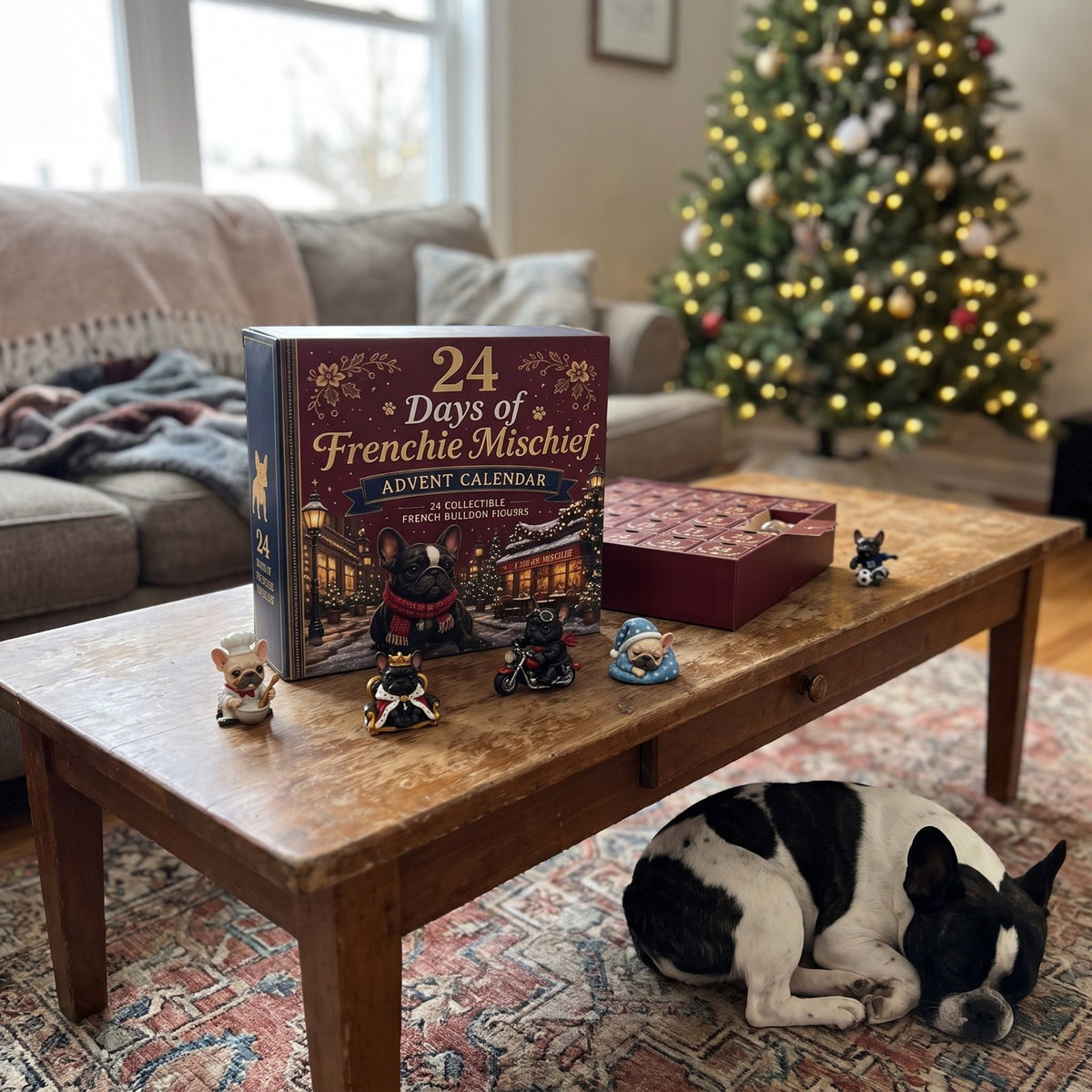 Figurines on a coffee table with a frenchie asleep below
