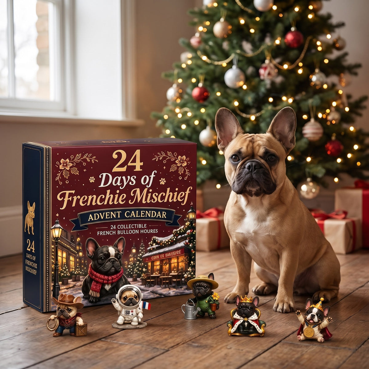 Frenchie next to the calendar and six figurines by the tree